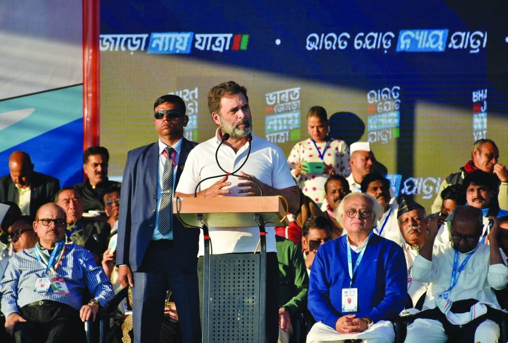 Rahul Gandhi addresses his party’s supporters during the first day of his 66-day long ‘Bharat Jodo Nyay Yatra’ (‘Unite India Justice March’), in Manipur’s Thoubal district.