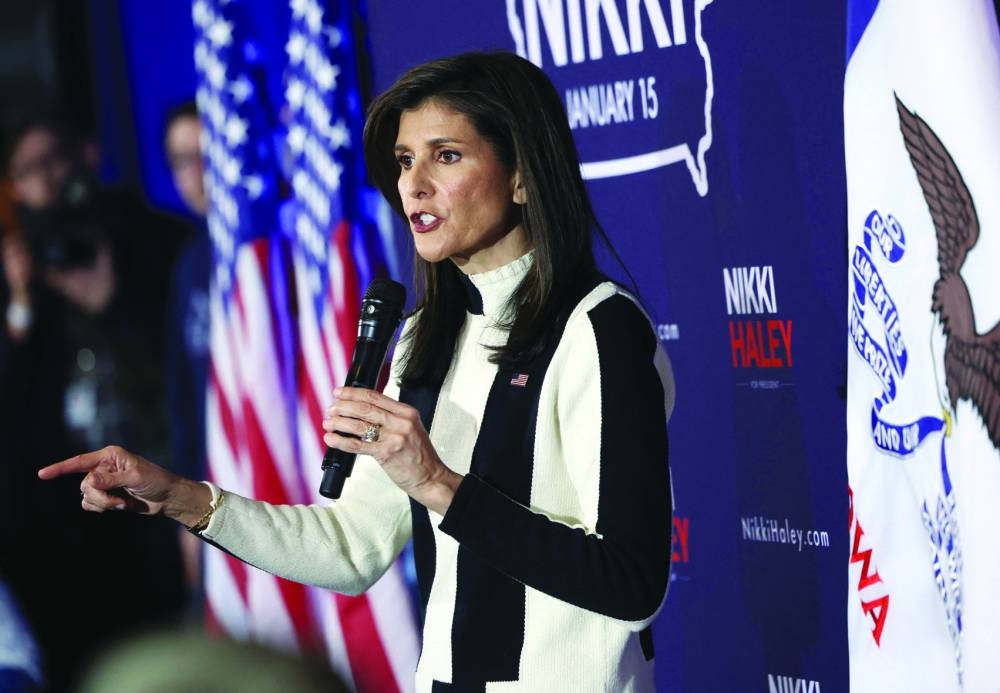 Nikki Haley speaks during a campaign event at Jethro's BBQ in Ames, Iowa.