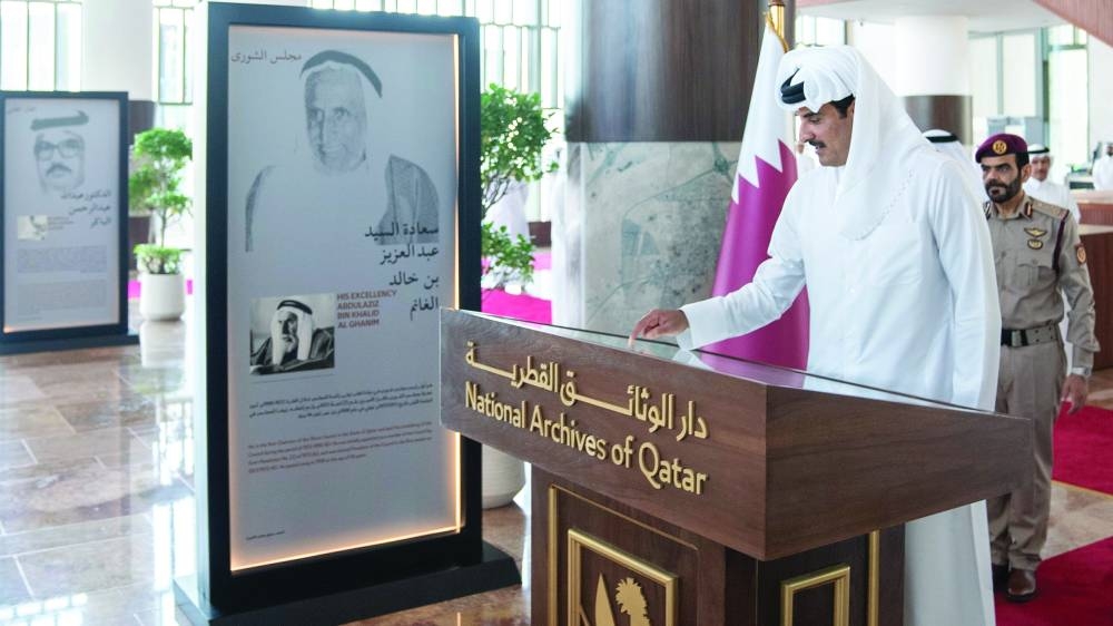 His Highness The Amir Sheikh Tamim Bin Hamad Al-Thani opening the National Archives of Qatar, Tuesday.