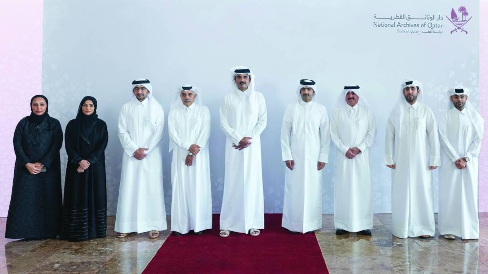 His Highness The Amir Sheikh Tamim Bin Hamad Al-Thani and HE the Chairman Of The Board Of Trustees Of National Archives Of Qatar Abdullah Bin Khalifa Al-Attiyah with dignitaries and officials at the opening of the National Archives, Tuesday.