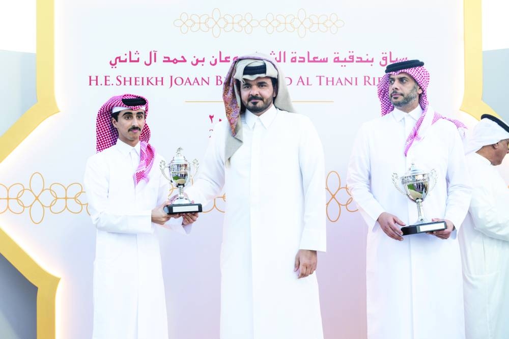 President of Qatar Olympic Committee HE Sheikh Joaan bin Hamad al-Thani crowned the winners of the last two races of The HE Sheikh Joaan Bin Hamad Al Thani Rifle Day at the Al Rayyan Racecourse on Saturday. Chairman of the Asian Equestrian Federation and QREC Vice-Chairman Hamad bin Abdulrahman al-Attiya was also present.