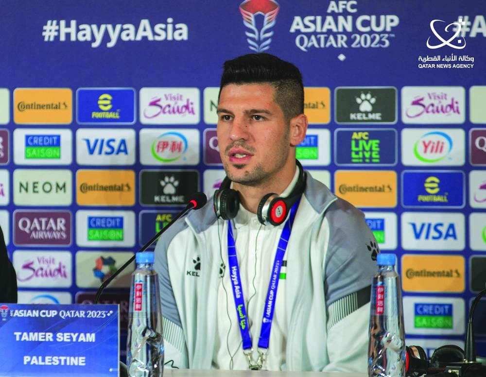 Palestine forward Tamer Seyam speaks at a press conference on Monday.