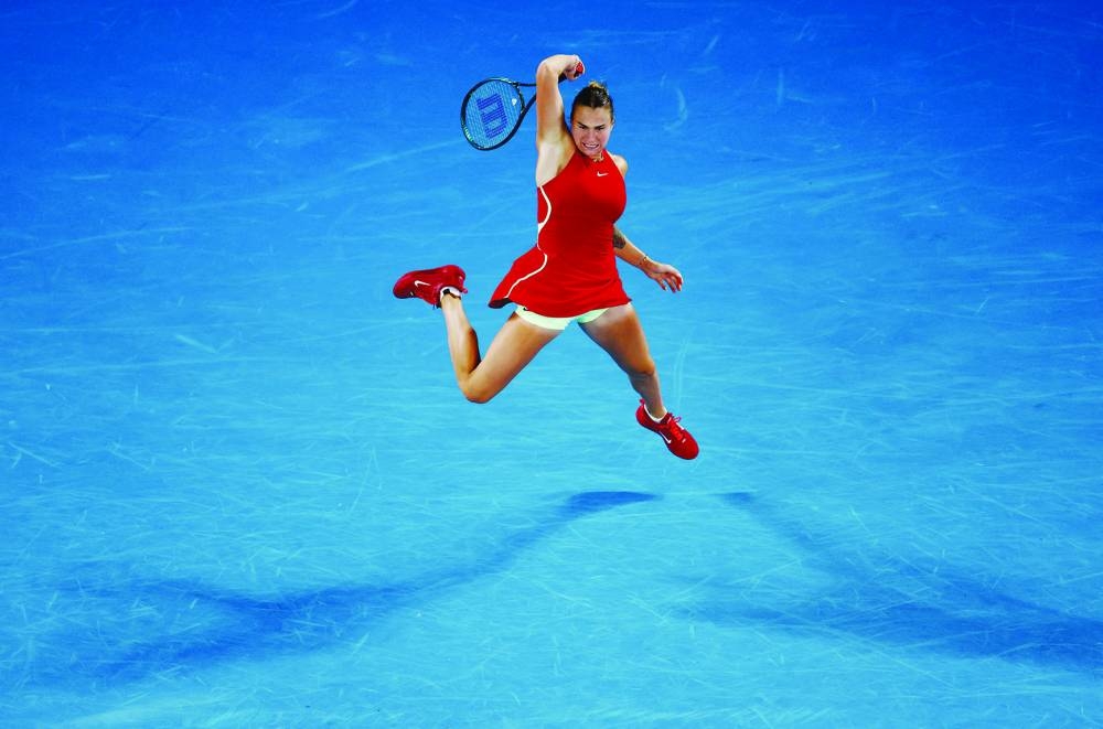 Belarus’ Aryna Sabalenka in action during her Australian Open semi-final against Coco Gauff of the US in Melbourne on Thursday. (Reuters)