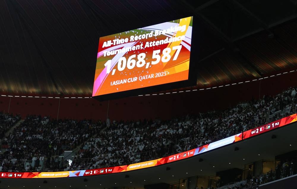 The big screen inside Al Bayt Stadium Monday displays the tournament attendance. REUTERS