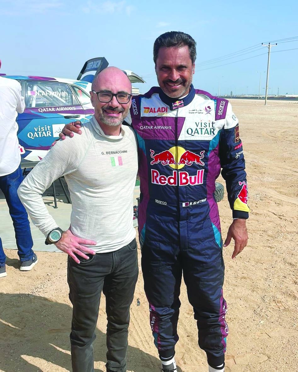 Co-driver Giovanni Bernacchini (left) and Nasser Saleh al-Attiyah during Tuesday’s administration checks for Qatar International Rally at the Lusail Sports Arena.