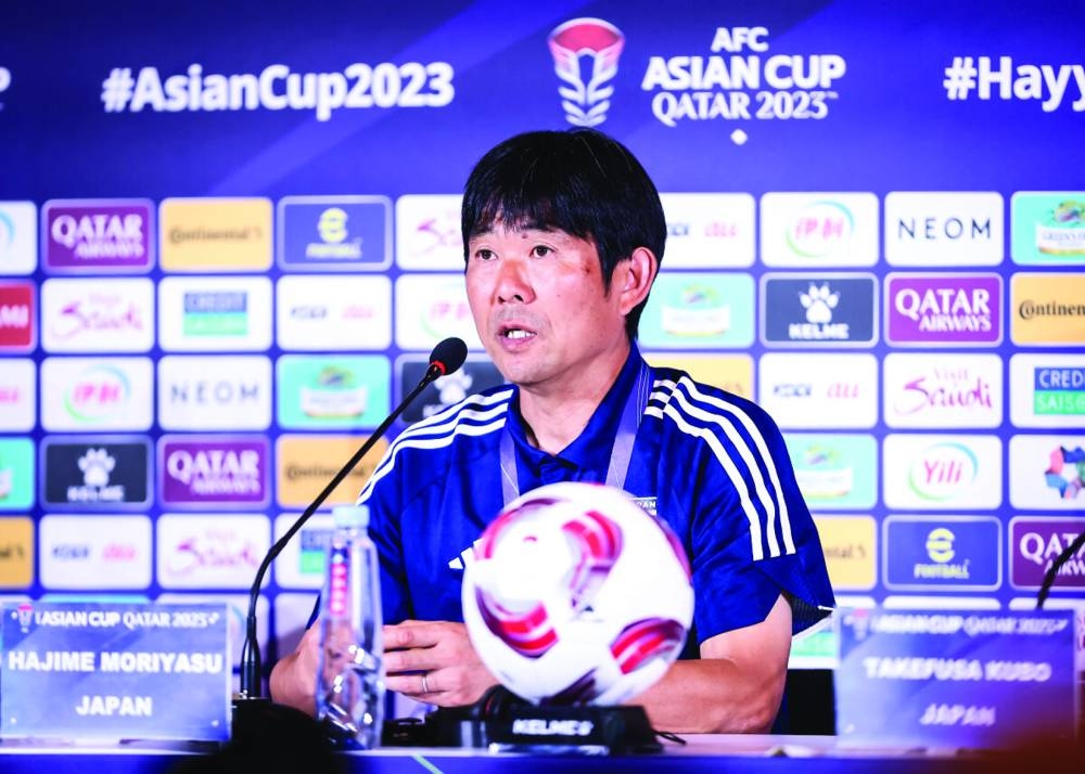 Japan coach Hajime Moriyasu speaks during a press conference in Doha on Tuesday.