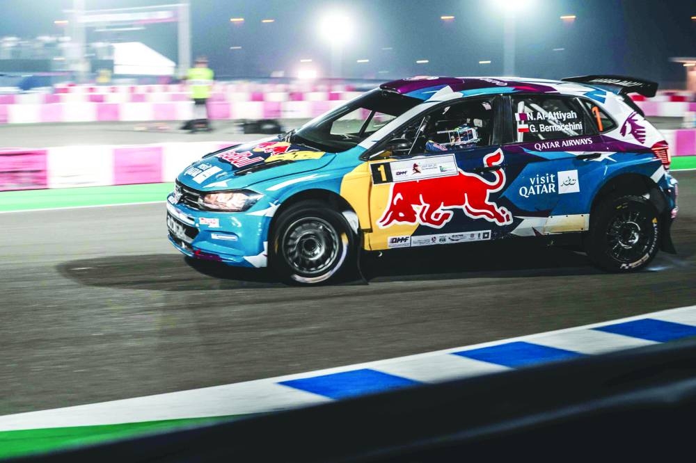 Qatari star Nasser Saleh al-Attiyah and Italian co-driver Giovanni Bernacchini in action in their Autotek Motorsport Volkswagen Polo GTI at the LCSC Karting Academy on Thursday.