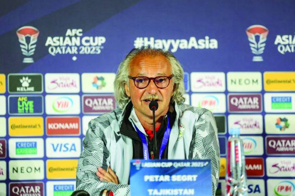 Tajikistan coach Petar Segrt addresses a news conference in Doha on Thursday. Tajikistan play Jordan in the AFC Asian Cup 2023 
quarter-final at Ahmad Bin Ali Stadium on Friday.