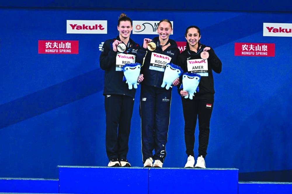 
Australia’s Alysha Koloi won the women’s 1-metre springboard. The silver went to Britain’s Grace Reid (257.25), while Egypt’s Maha Amer captured her country’s first diving medal ever at worlds. 