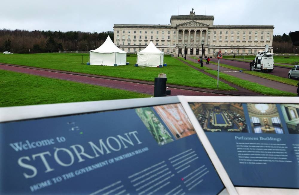 
Television news crews work outside of Stormont Parliament Buildings in Belfast, Northern Ireland. 
