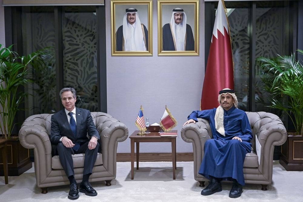 HE the Prime Minister and Minister of Foreign Affairs, Sheikh Mohamed bin Abdulrahman bin Jassim al-Thani with the visiting US Secretary of State Antony Blinken at Lusail Palace Tuesday.