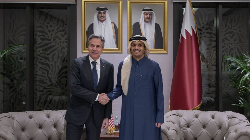 HE the Prime Minister and Minister of Foreign Affairs, Sheikh Mohamed bin Abdulrahman bin Jassim al-Thani with the visiting US Secretary of State Antony Blinken at Lusail Palace Tuesday.