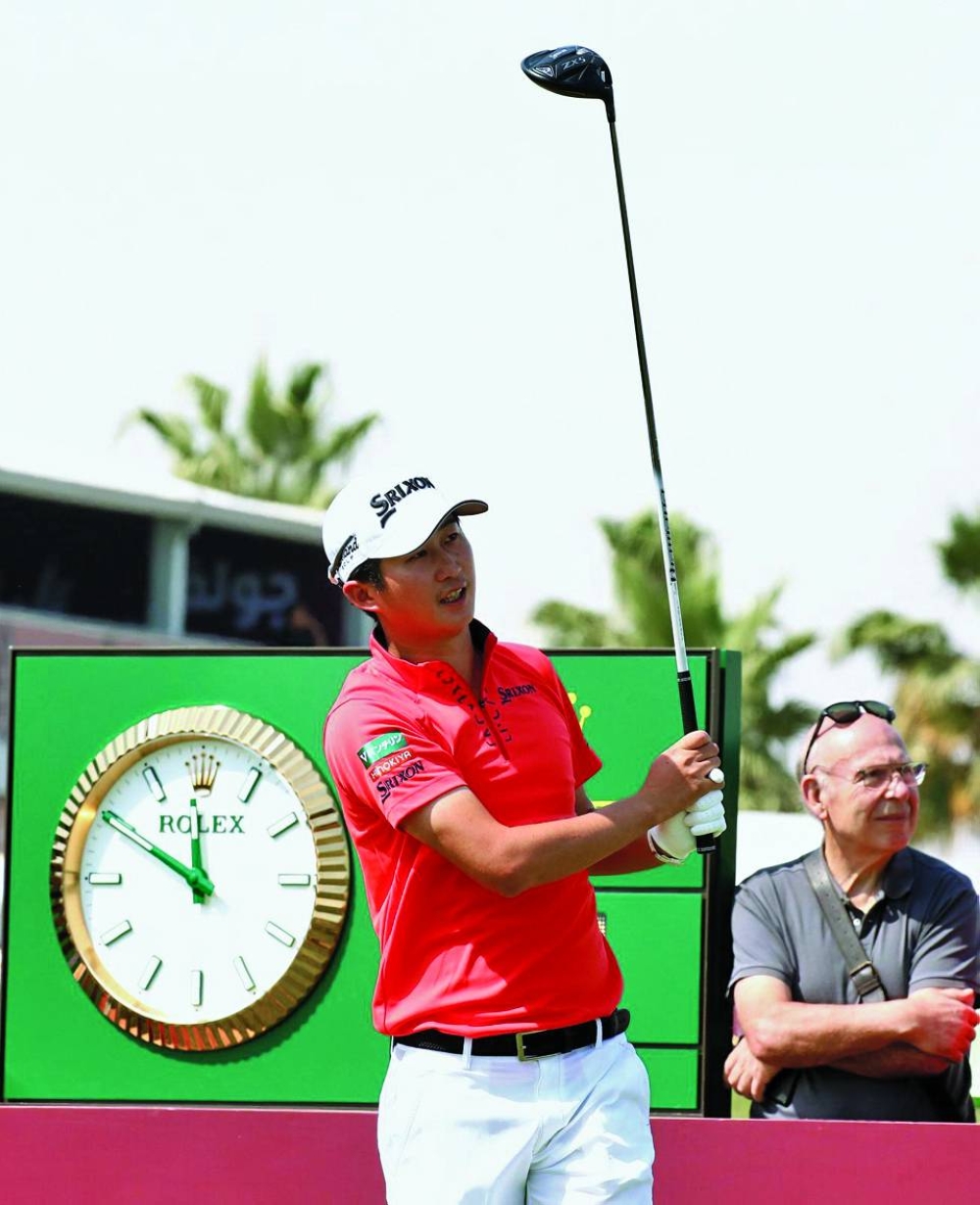 Denmark’s Rasmus Hojgaard and Japan’s Rikuya Hoshino (right) in action during the third day of the Commercial Bank Qatar Masters at the Doha Golf Club on Saturday.