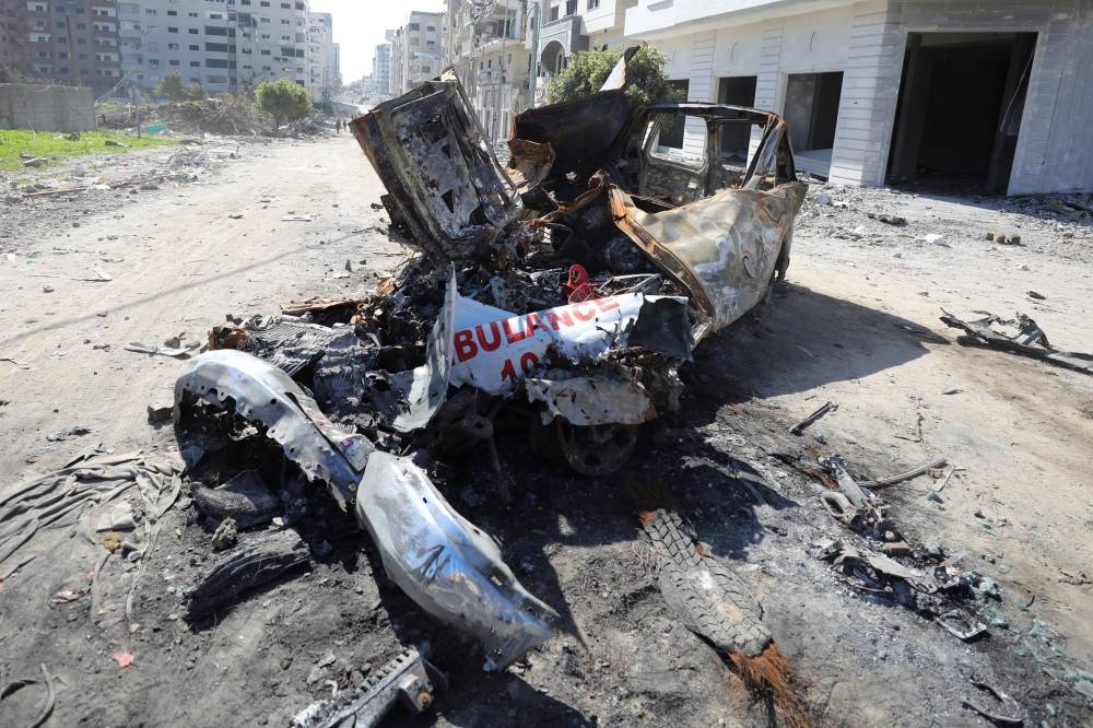 Wreckage of an ambulance used by two workers who were killed while they had gone to save Palestinian girl Hind Rajab. REUTERS