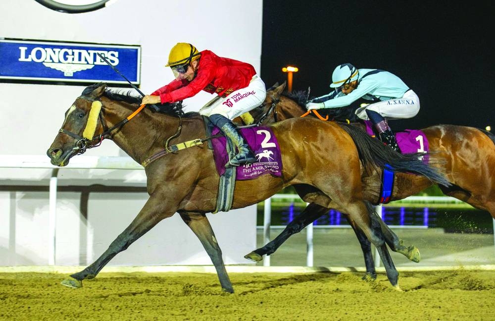 Tom Marquand guides Al Shaman to Thoroughbred Sand Championship win during the HH The Amir Sword Festival at the Al Rayyan Park on Thursday.