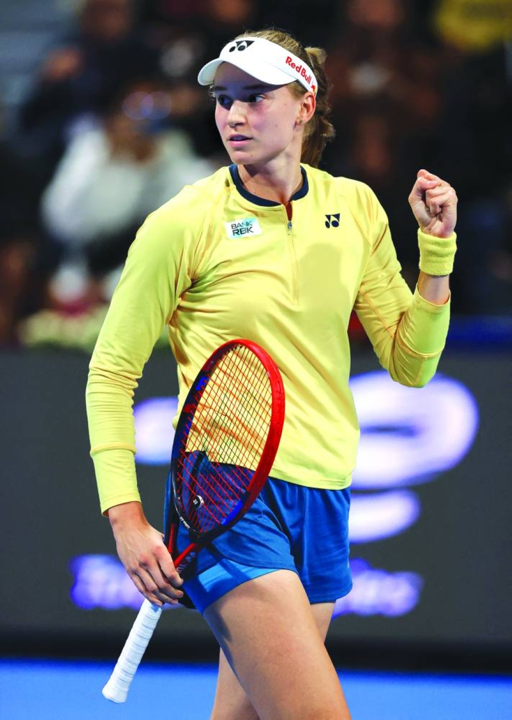 Kazakhstan’s Elena Rybakina celebrates winning her Qatar TotalEnergies Open semi-final against Russia’s Anastasia Pavlyuchenkova in Doha on Friday. (Reuters)