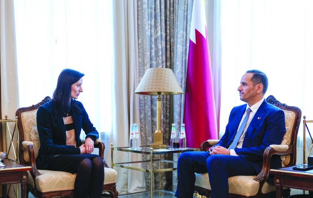 HE the Prime Minister and Minister of Foreign Affairs Sheikh Mohamed bin Abdulrahman bin Jassim al-Thani meets with the Deputy Prime Minister and Foreign Minister of Bulgaria Mariya Gabriel.