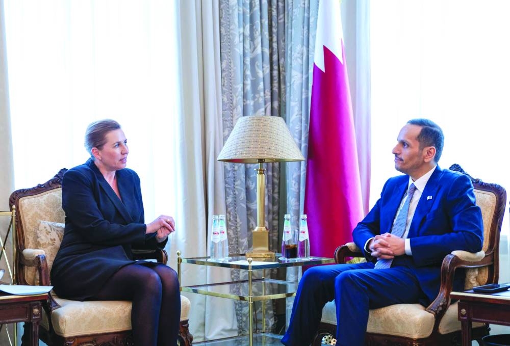 HE the Prime Minister and Minister of Foreign Affairs Sheikh Mohamed bin Abdulrahman bin Jassim al-Thani meets with the Prime Minister of Denmark Mette Frederiksen.