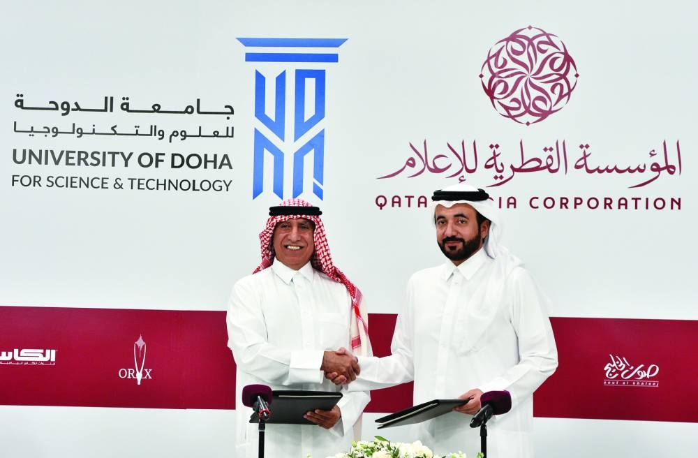 UDST president Dr Salem al-Naemi and HE the CEO of QMC Sheikh Abdulaziz bin Thani bin Khaled al-Thani at the signing of the MoU. PICTURE: Shaji Kayamkulam