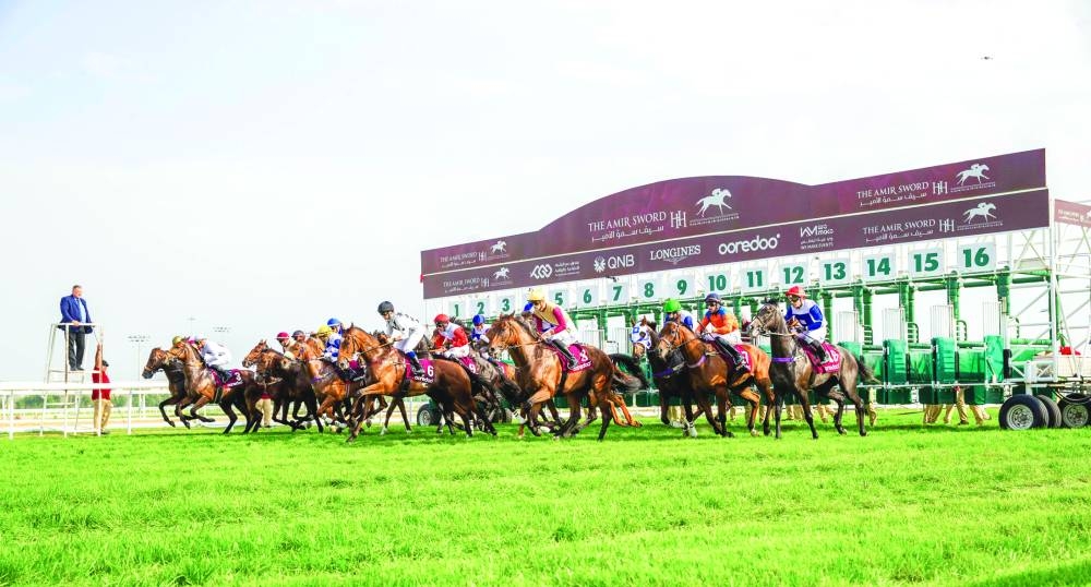 
Action from the starting block during the HH the Amir Sword Festival at the Qatar Racing and Equestrian Club’s Al Rayyan racecourse. 