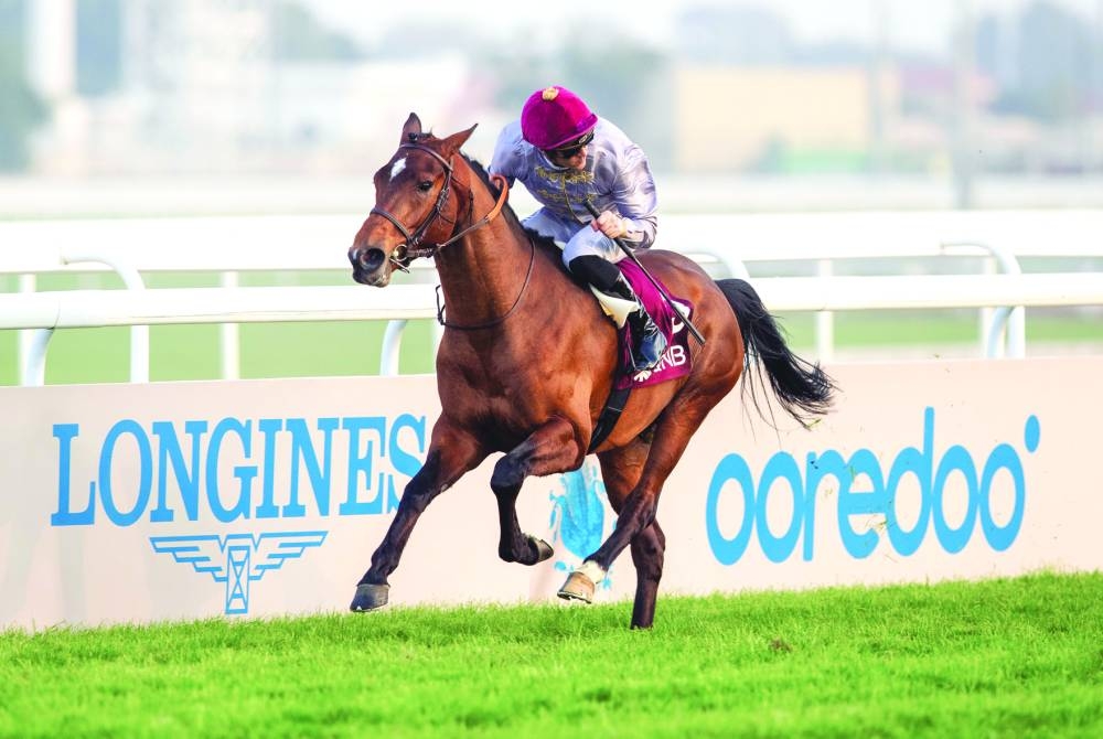 Jockey Christophe Soumillon celebrates after riding Al Shaqab Racing’s Al Ghadeer to HH The Amir Sword victory on Saturday. PICTURES: Juhaim