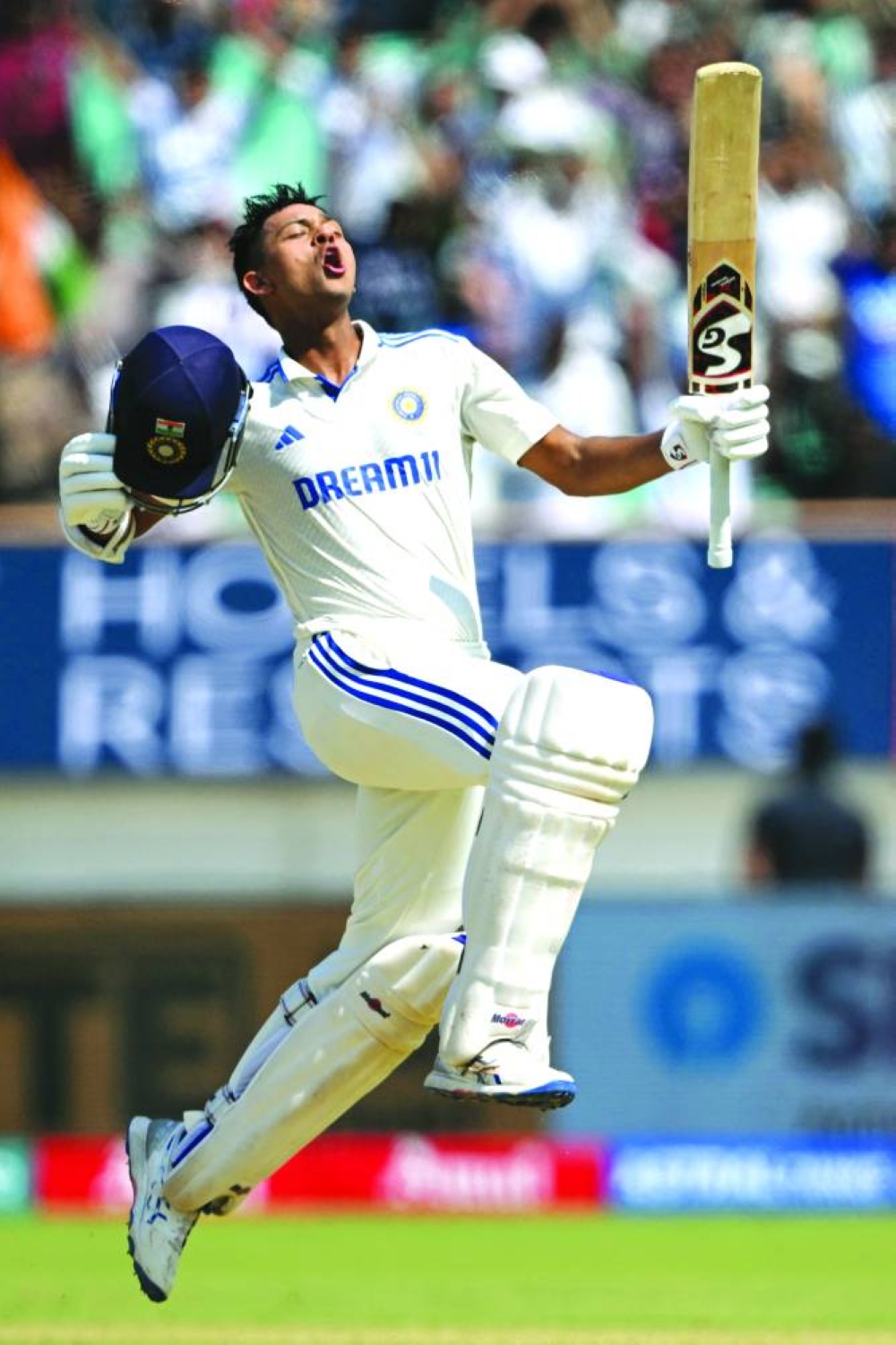 India’s Yashasvi Jaiswal celebrates after scoring a double century 
yesterday. (AFP)