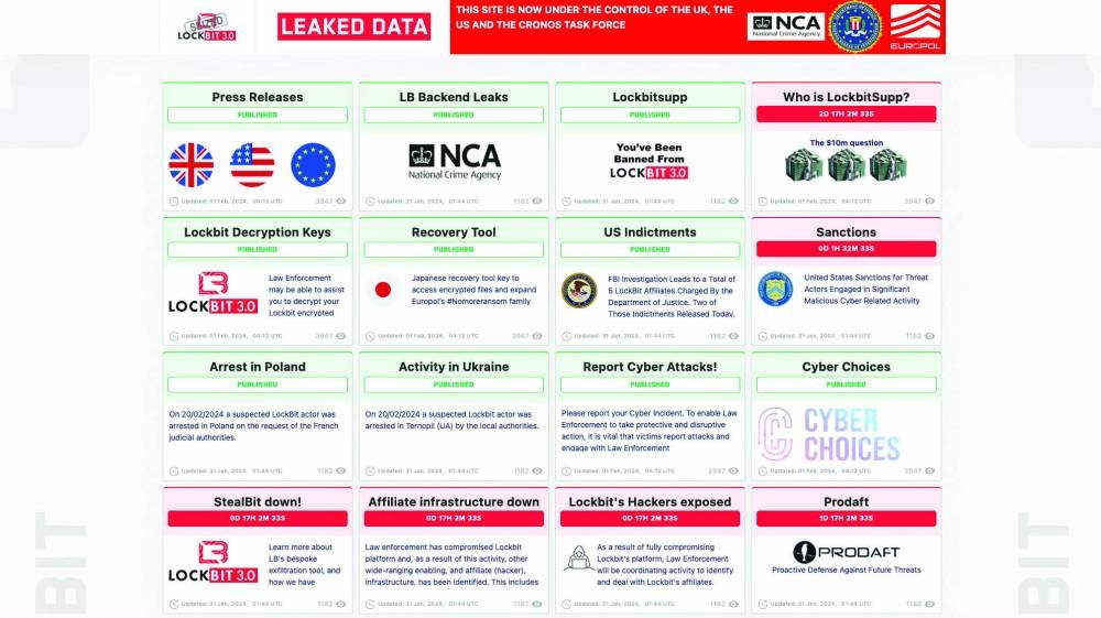 
A screenshot taken yesterday shows how a darkweb site called Lockbit appears after law 
enforcement agencies took 
control of it and turned it into a leak site about Lockbit itself. 