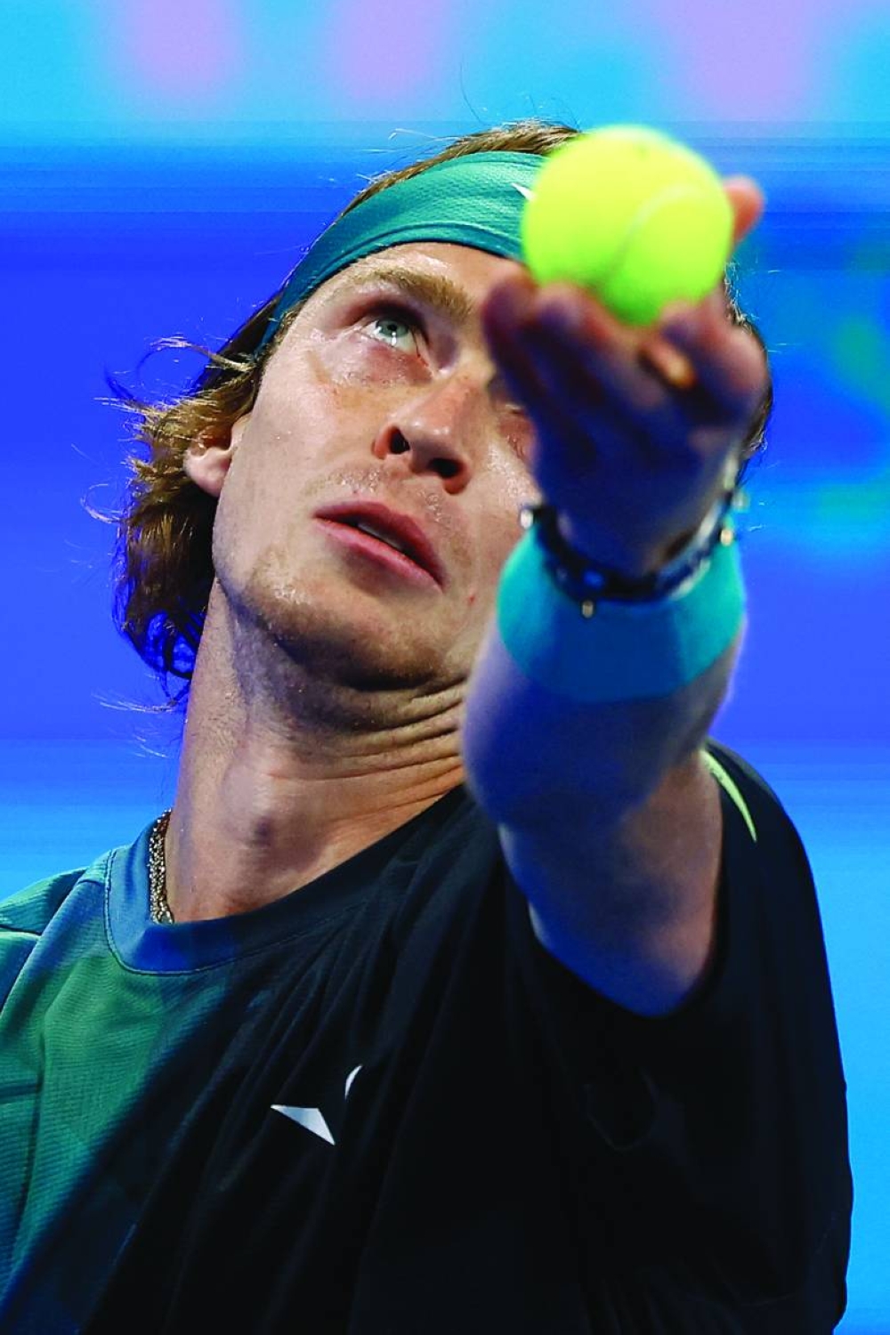 Russia’s Andrey Rublev serves against France’s Richard Gasquet on Wednesday. (AFP)