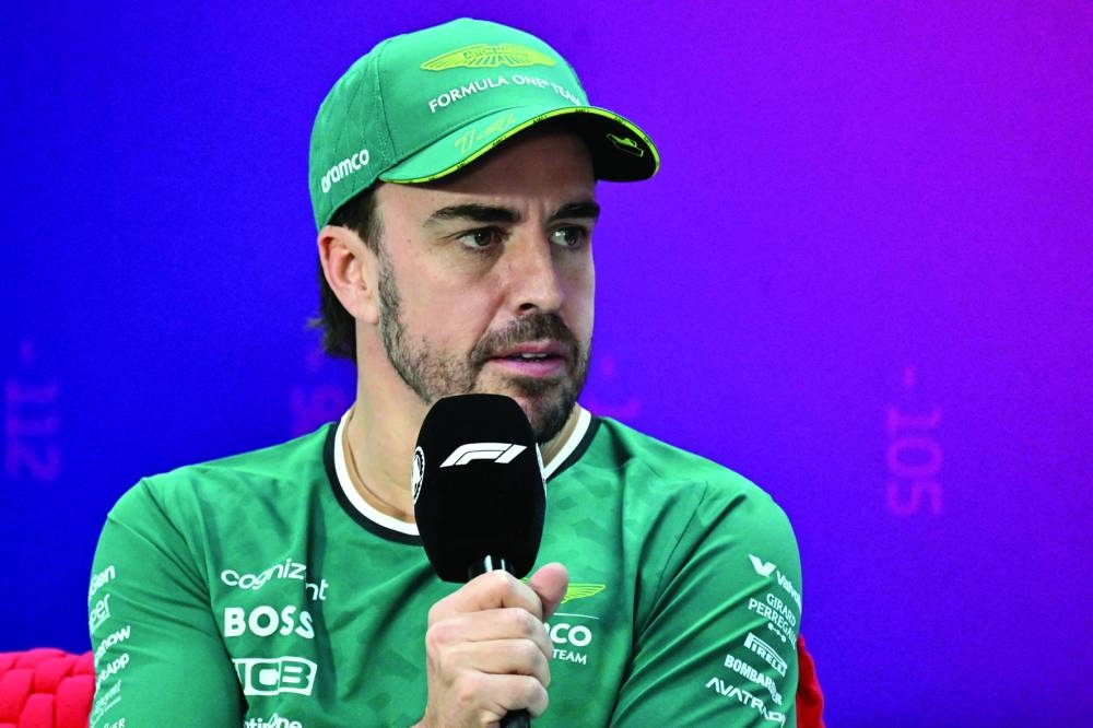 
Aston Martin’s Spanish driver Fernando Alonso attends a press conference. (AFP) 