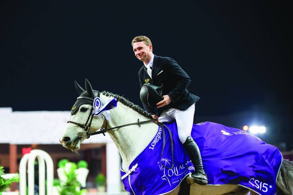 Ireland’s Richard Howley astride Zodiak du Buisson Z celebrates after winning the showjumping CSI5* 1.50m Faults & Time class at the CHI Al Shaqab on Thursday. 