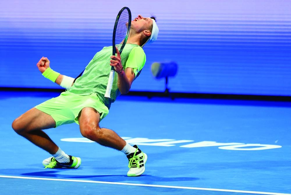 Czech Republic Jakub Mensik celebrates after beating Russia’s Andrey Rublev in Qatar Exxonmobil Open quarter-final at the Khalifa International Tennis and Squash Complex on Thursday.
