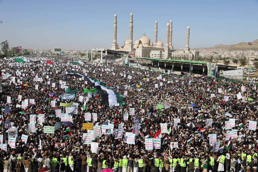 Protesters rally in solidarity with the Palestinians in Gaza as Israel continues its offensive on the Gaza Strip, in Sanaa, Yemen on Thursday. REUTERS