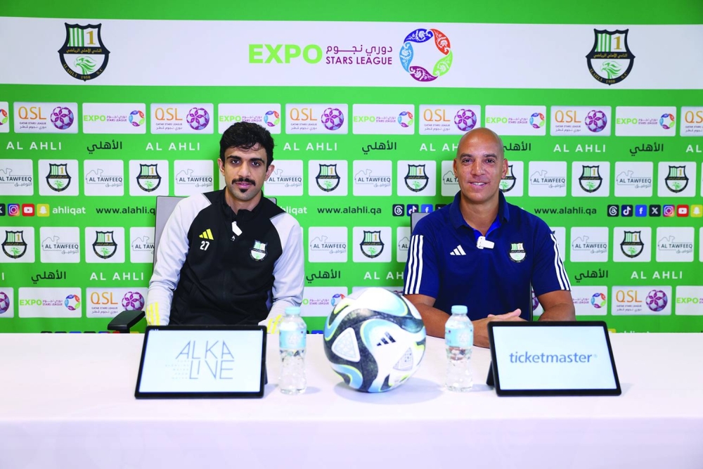 
Al Ahli coach Pedro Miguel addresses the media ahead of their Expo Stars League round 14 match against Al Gharafa. Al Ahli’s Jassem al-Sharshani also attended the press conference. 