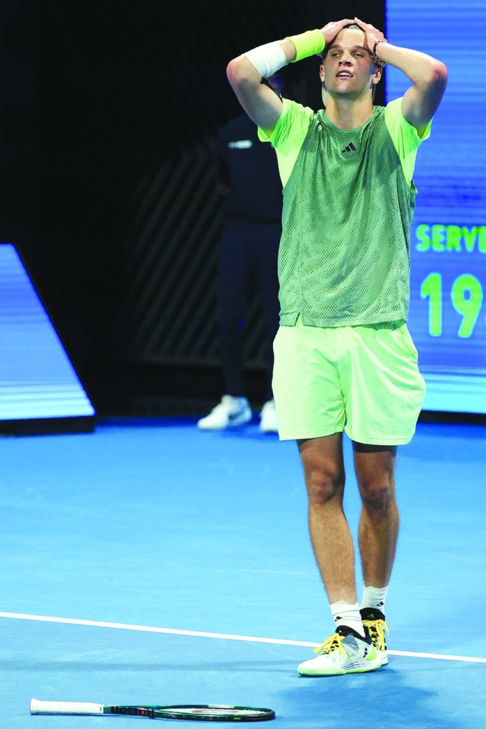 Czech Republic’s Jakub Mensik reacts after winning his semi-final match against France’s Gael Monfils at the Qatar ExxonMobil Open in Doha on Friday. (AFP)