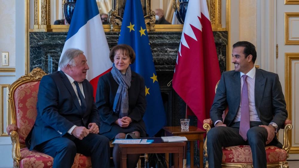 His Highness the Amir Sheikh Tamim bin Hamad Al-Thani meets with the President of the Senate of the French Republic Gerard Larcher.