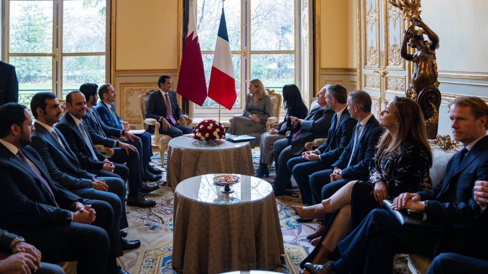 His Highness the Amir Sheikh Tamim bin Hamad Al-Thani meets with the President of the National Assembly of France  Yael Braun-Pivet.