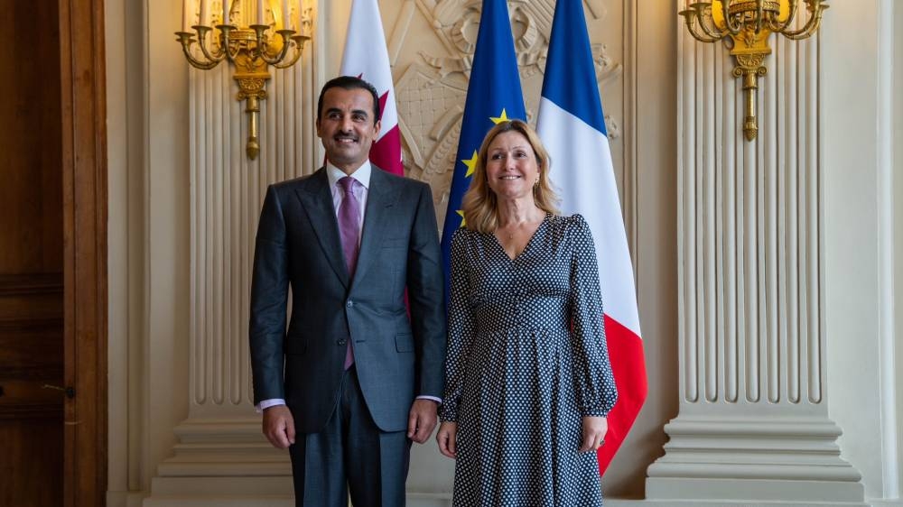 His Highness the Amir Sheikh Tamim bin Hamad Al-Thani meets with the President of the National Assembly of France Yael Braun-Pivet.