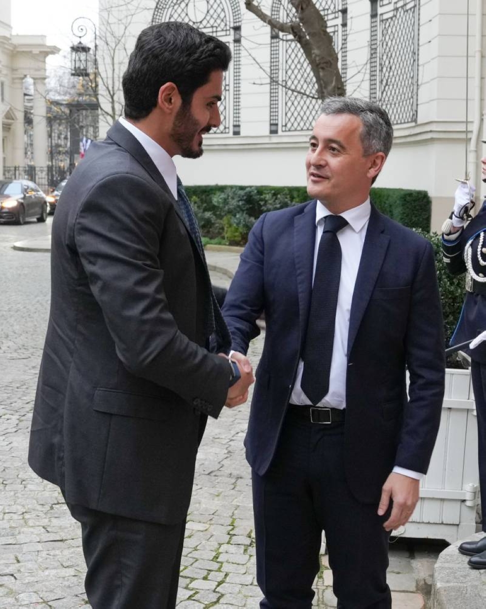 HE the Minister of Interior and Commander of the Internal Security Force (Lekhwiya) Sheikh Khalifa bin Hamad bin Khalifa Al-Thani meets with the French Minister of Interior and Overseas Territories Gerald Darmanin.