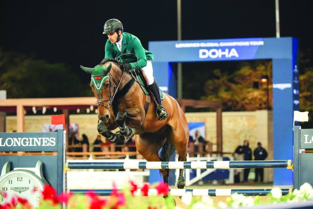 Saudi Arabia’s Abdulrahman Alrajhi clears a rail aboard 11-year-old Ventago during the Global Champions Tour at the Al Shaqab on Thursday.