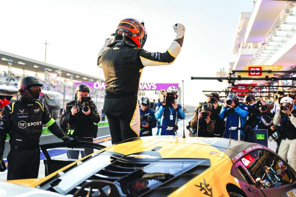 
TF Sport Chevrolet’s Tom van Rompuy celebrates after clinching the LMGT3 pole position.  
