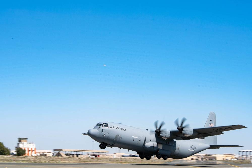 US Air Force C-130J Super Hercules loaded with humanitarian aid takesoff from an undisclosed location in Southwest Asia bound for an airdrop over Gaza on Saturday. AFP/US Department of Defense/US Air Force/Tech. Sgt. Christopher Hubenthal