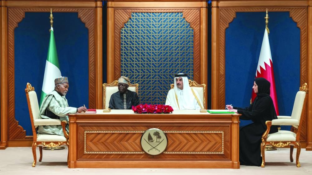 His Highness the Amir Sheikh Tamim bin Hamad al-Thani and Nigerian President Bola Ahmed Tinubu witness the signing of several agreements and memorandums of understanding between the governments of the two countries at the Amiri Diwan on Sunday.