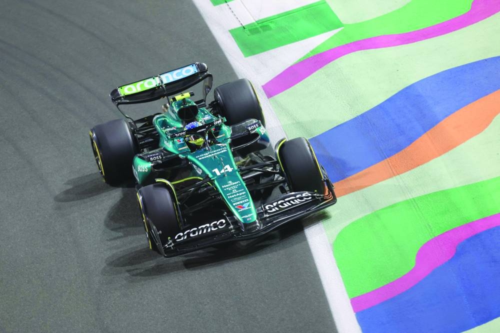 Aston Martin’s Spanish driver Fernando Alonso drives during the second practice session of the Saudi Arabian Grand Prix at the Jeddah Corniche Circuit in Jeddah on Thursday. (AFP)