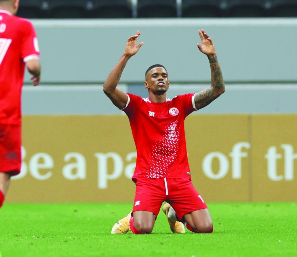 Al Shamal’s Ricardo Gomes celebrates after scoring a goal against Al Markhiya at Al Bayt Stadium on Monday.