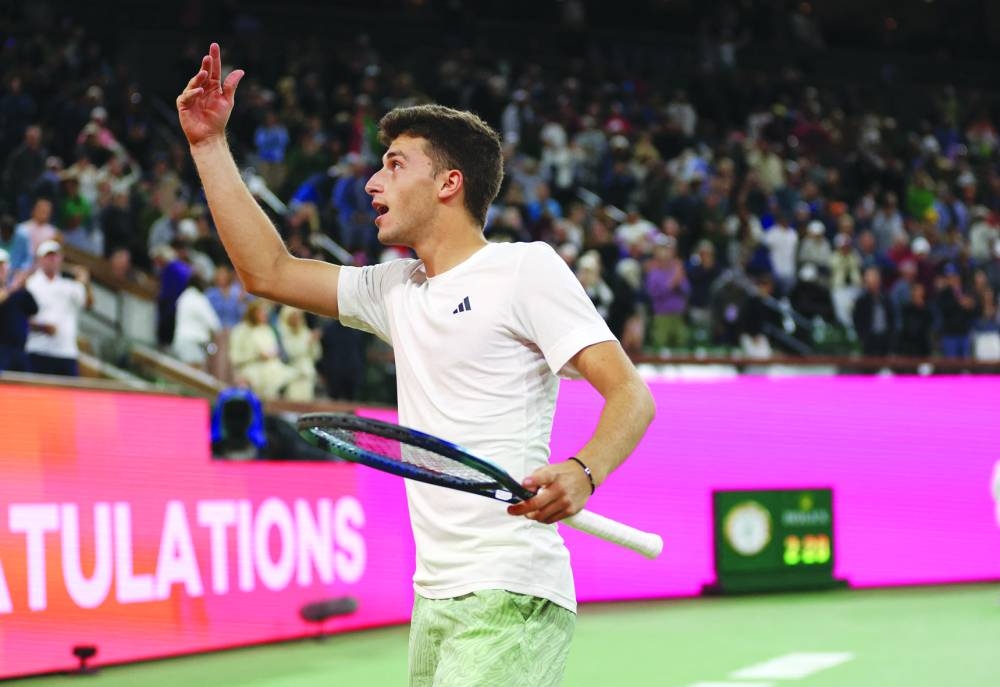 Luca Nardi of Italy engages with the crowd after his three-set victory against Novak Djokovic of Serbia in their third-round match during the BNP Paribas Open at Indian Wells Tennis Garden in Indian Wells, California. (AFP)