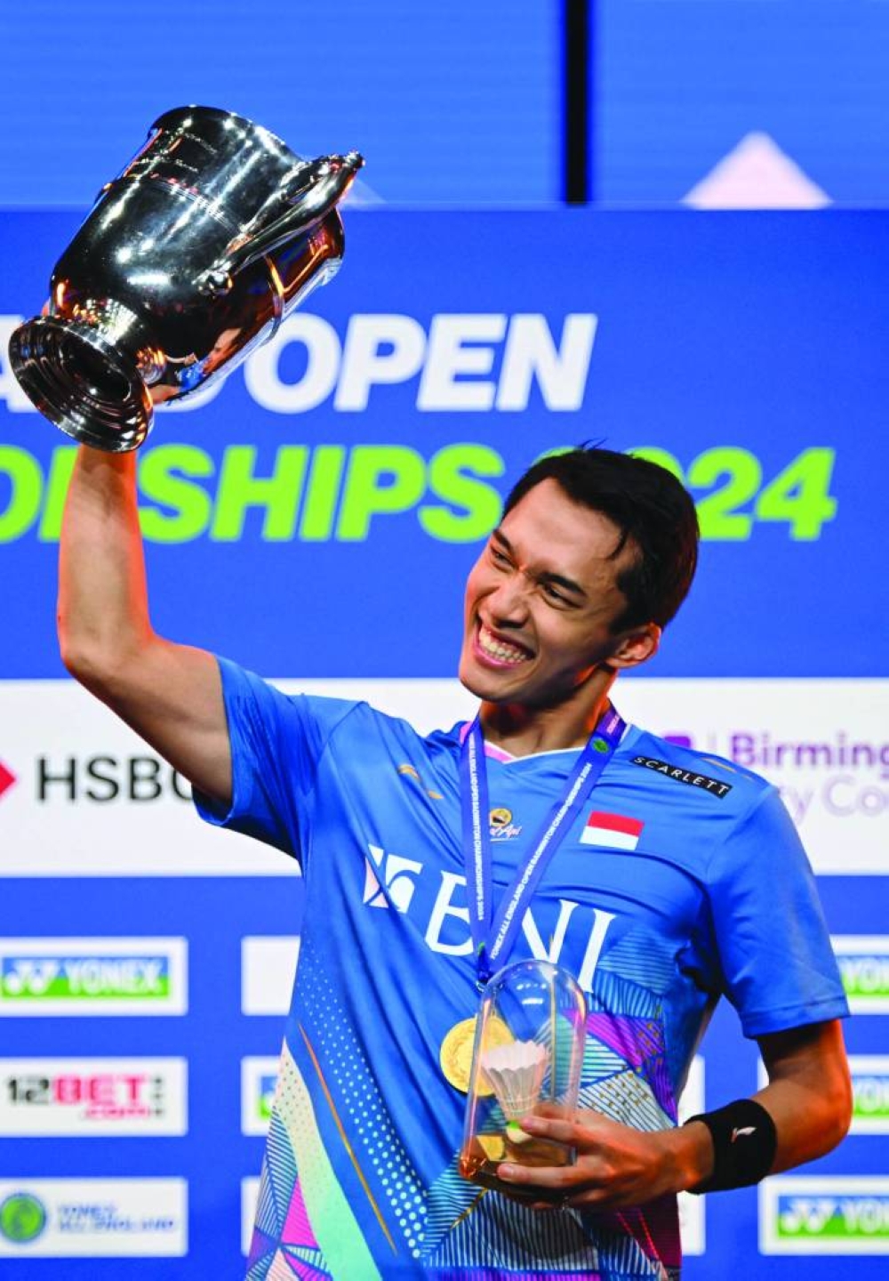 Gold medallist Indonesia's Jonatan Christie celebrates after winning the men's singles final at the All England Open Badminton Championships at the Utilita Arena in Birmingham, central England, yesterday. (AFP)