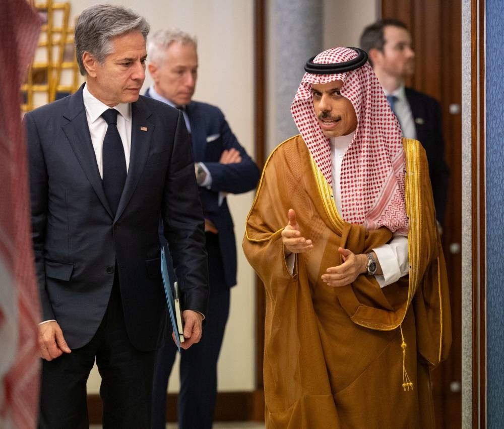 US Secretary of State Antony Blinken meets Saudi Arabia's Foreign Minister Prince Faisal bin Farhan Al-Saud, in Jeddah, Saudi Arabia on Wednesday. Saudi Press Agency/Handout via REUTERS