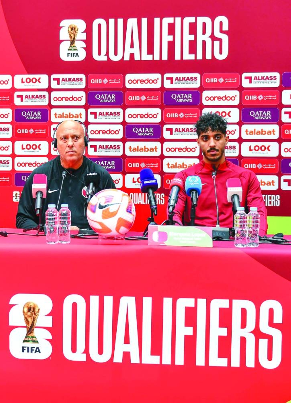 
Qatar’s coach Marquez Lopez (left) and midfielder Jassem Gaber at the press conference. 