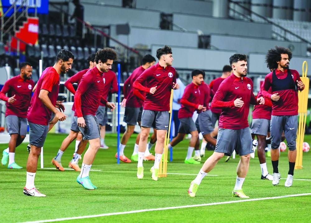 Qatar players train at the Jassim Bin Hamad Stadium on Wednesday, on the eve of their joint FIFA World Cup 2026 and AFC Asian Cup 2027 qualification match against Kuwait. PICTURES: Noushad Thekkayil