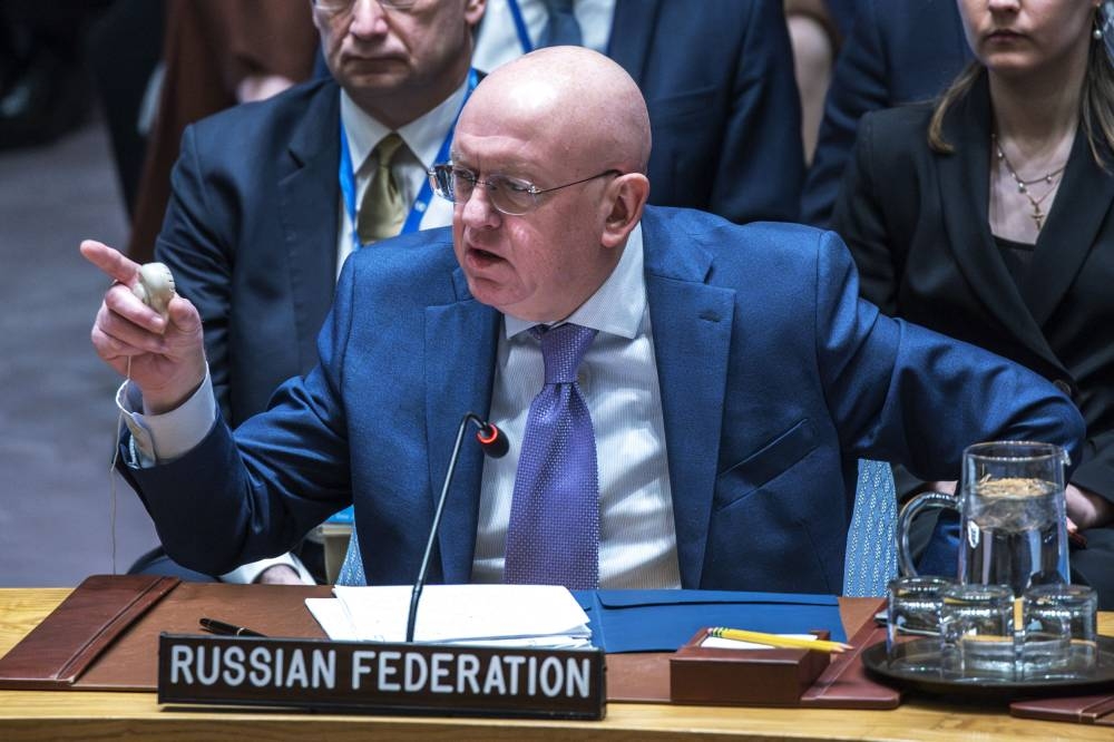 Russia's Ambassador to the United Nations Vasily Nebensya speaks to delegates after voting against a US ceasefire resolution for the Gaza war during a UN Security Council meeting. AFP